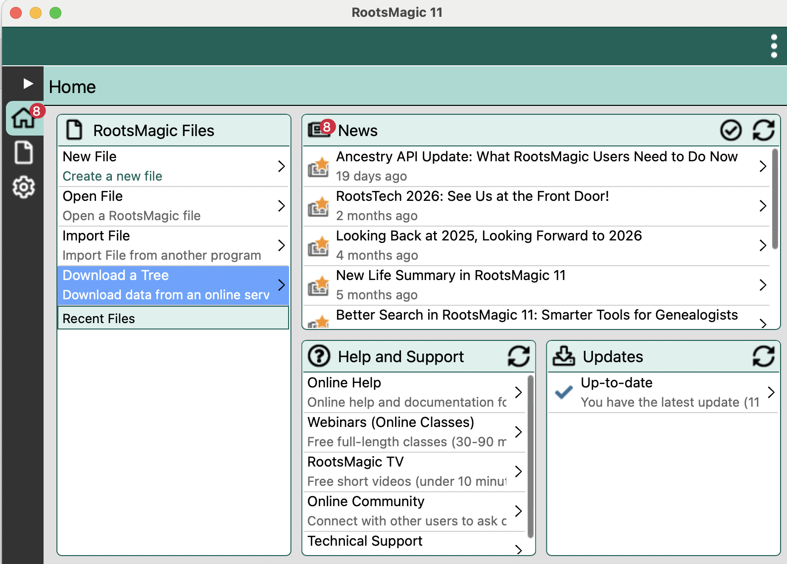RootsMagic 11 home screen with 'Download a Tree' highlighted in the left panel