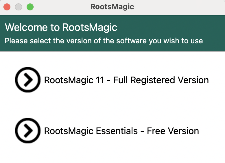 Welcome to RootsMagic dialog with 'Full Registered Version' and 'Essentials - Free Version' choices