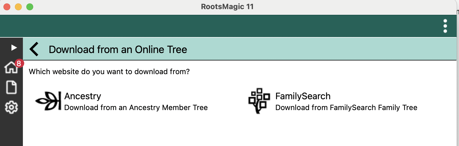 Download from an Online Tree screen with Ancestry and FamilySearch options