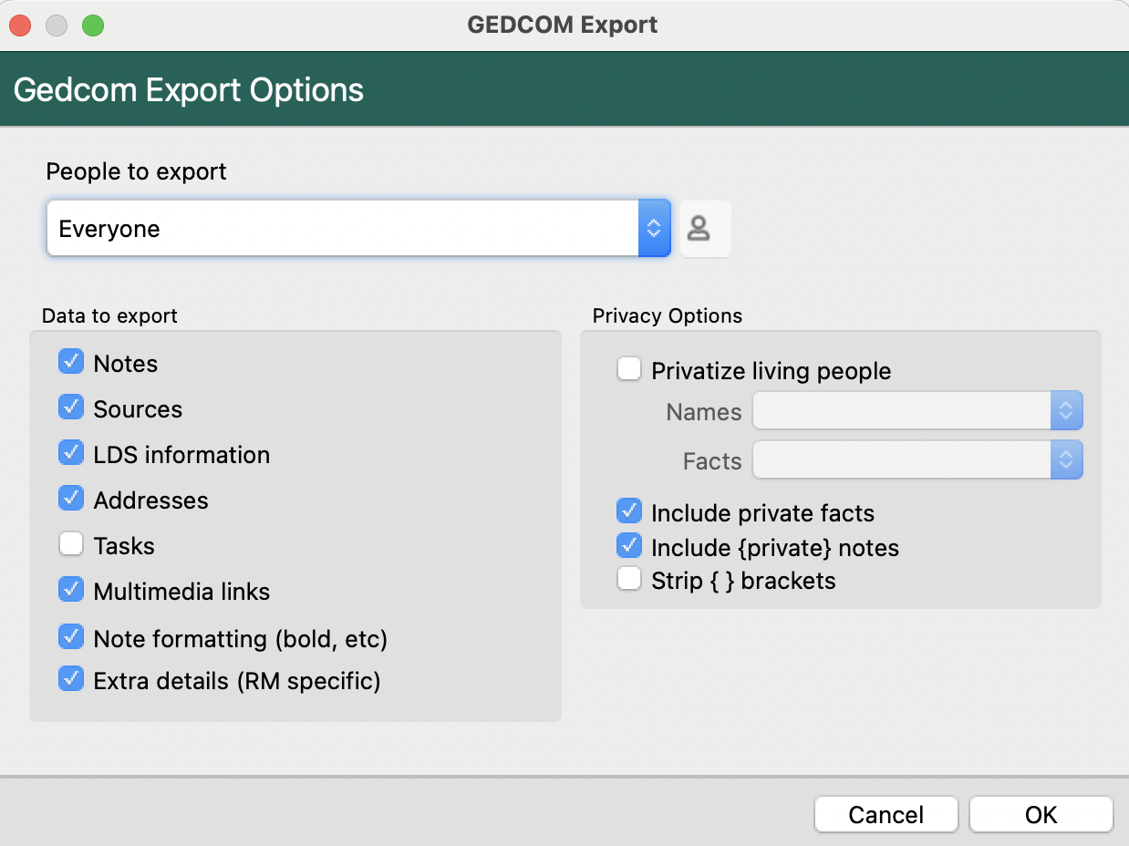GEDCOM Export Options dialog with People to export = Everyone and default data checkboxes