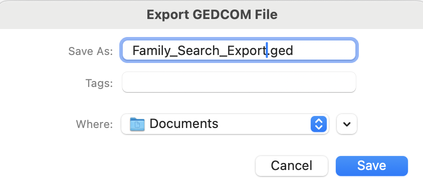 Export GEDCOM File save dialog with filename Family_Search_Export.ged